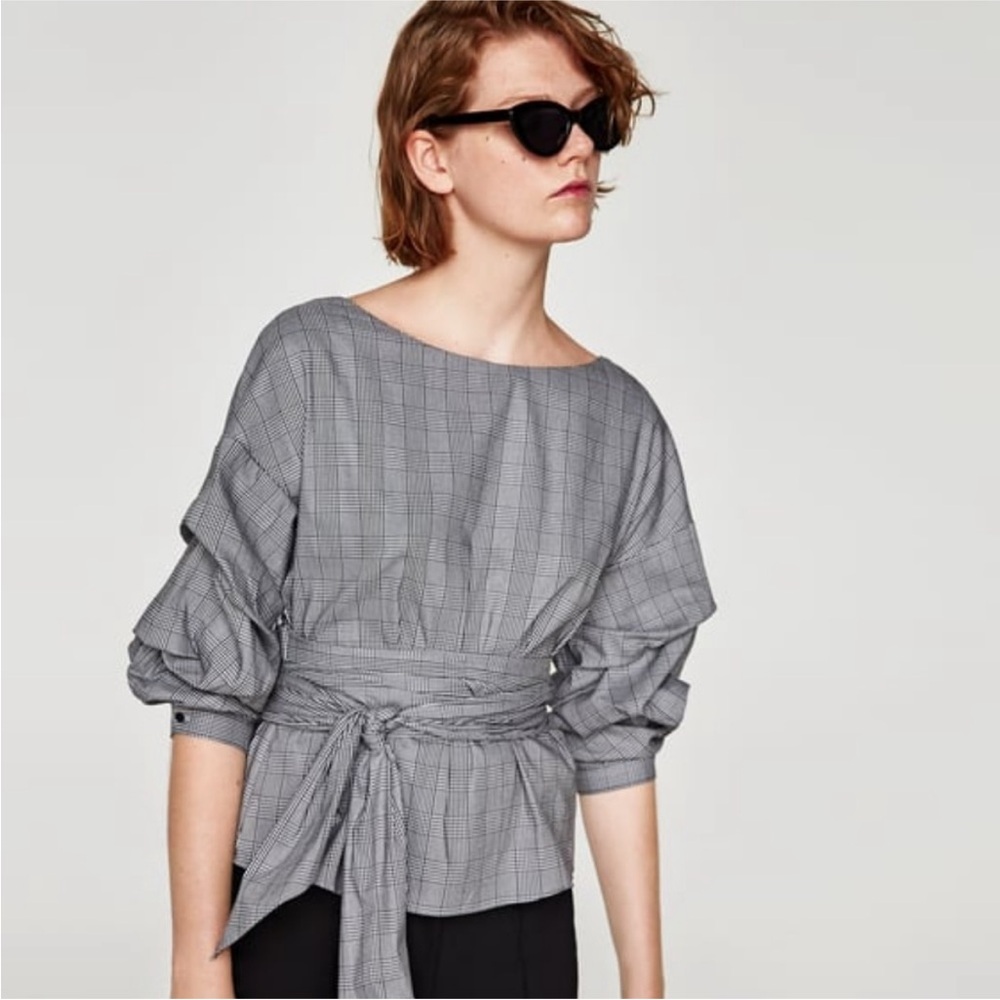 Zara Plaid Ruched Wrap Blouse Size L